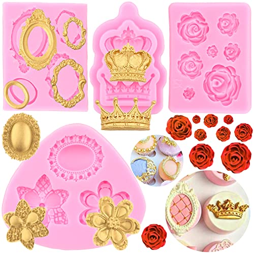 ZiXiang Vintage Frame Cupcake Fondant Mold Baroque Style Fondant Silicone Molds Crown Rose Flower Molds Pictures Frame Silicone Mold For Cake Decoration Chocolate Candy Polymer Clay Set Of 4 - Image 1