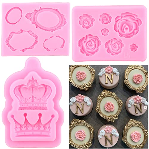 ZiXiang Vintage Frame Cupcake Fondant Mold Baroque Style Fondant Silicone Molds Crown Rose Flower Molds Pictures Frame Silicone Mold For Cake Decoration Chocolate Candy Polymer Clay Set Of 4 - Image 5