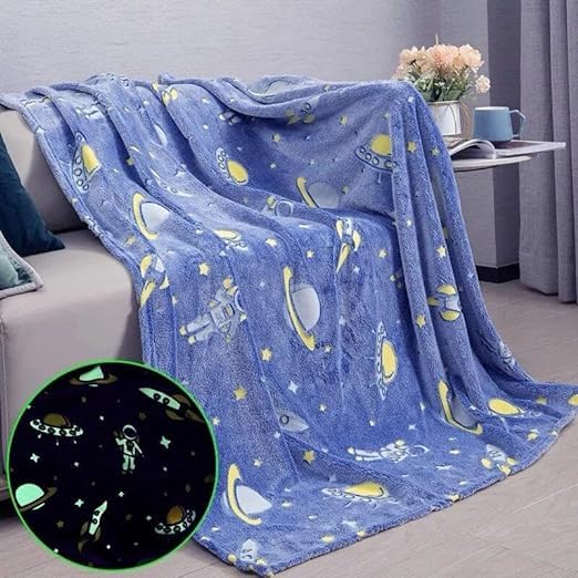 TEMSON Space Design Glow in The Dark Radium Blanket, Soft Plush Star Space Ship & Planets Blanket, Warm Glowing Throw Blanket for Kids, Gray, Blue, Orange, Medium, Unisex, Polyester, Machine Washable - Image 2