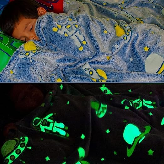 TEMSON Space Design Glow in The Dark Radium Blanket, Soft Plush Star Space Ship & Planets Blanket, Warm Glowing Throw Blanket for Kids, Gray, Blue, Orange, Medium, Unisex, Polyester, Machine Washable - Image 4
