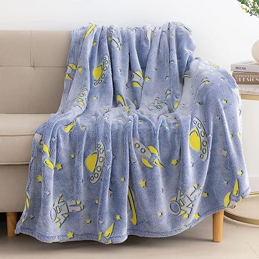 TEMSON Space Design Glow in The Dark Radium Blanket, Soft Plush Star Space Ship & Planets Blanket, Warm Glowing Throw Blanket for Kids, Gray, Blue, Orange, Medium, Unisex, Polyester, Machine Washable - Image 3