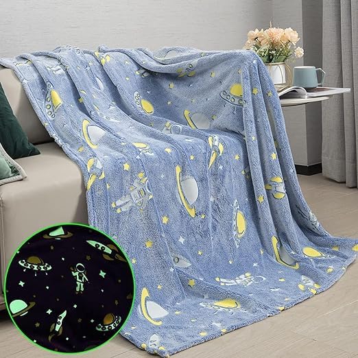 TEMSON Space Design Glow in The Dark Radium Blanket, Soft Plush Star Space Ship & Planets Blanket, Warm Glowing Throw Blanket for Kids, Gray, Blue, Orange, Medium, Unisex, Polyester, Machine Washable - Image 1
