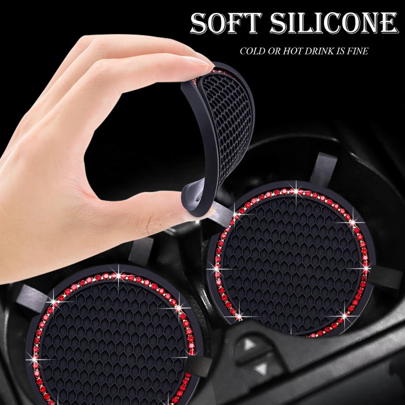 MEAJOO 2PCS Bling Cup Holder Coaster, 2.75 Inch Auto Car Cup Holder Insert Coasters, Soft Silicone Anti-Slip Shockproof, Universal Vehicle Interior Accessories for Women Girls (Black & Red) - Image 4