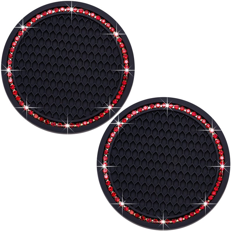 MEAJOO 2PCS Bling Cup Holder Coaster, 2.75 Inch Auto Car Cup Holder Insert Coasters, Soft Silicone Anti-Slip Shockproof, Universal Vehicle Interior Accessories for Women Girls (Black & Red) - Image 1