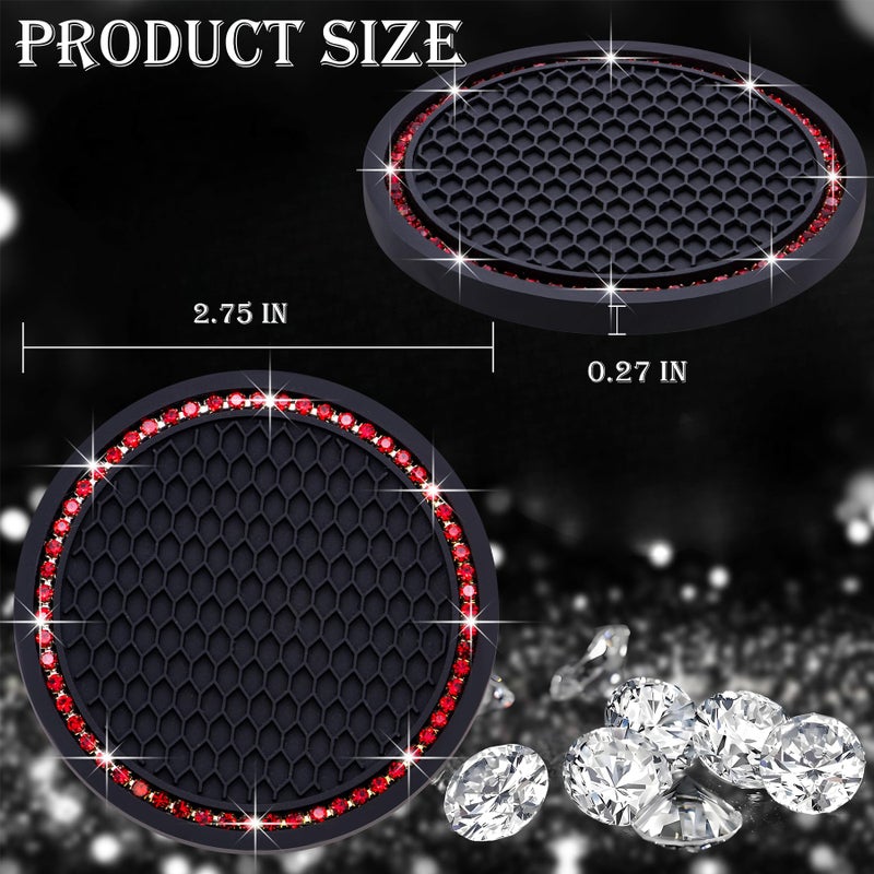 MEAJOO 2PCS Bling Cup Holder Coaster, 2.75 Inch Auto Car Cup Holder Insert Coasters, Soft Silicone Anti-Slip Shockproof, Universal Vehicle Interior Accessories for Women Girls (Black & Red) - Image 2