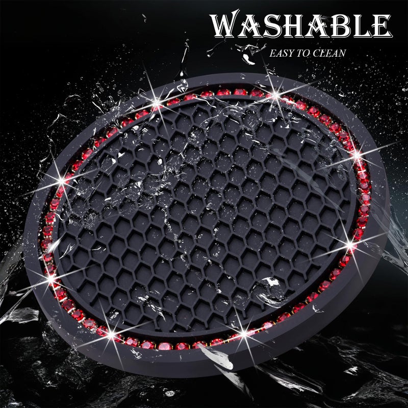 MEAJOO 2PCS Bling Cup Holder Coaster, 2.75 Inch Auto Car Cup Holder Insert Coasters, Soft Silicone Anti-Slip Shockproof, Universal Vehicle Interior Accessories for Women Girls (Black & Red) - Image 5