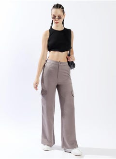 HIGH STAR Women Trousers, Wide Leg, Solid, Mid Grey, in 100% Polyester, Elasticated closure, Woven weave, High-Rise waist, perfect for Casual. Redefine your wardrobe now!  - Image 1