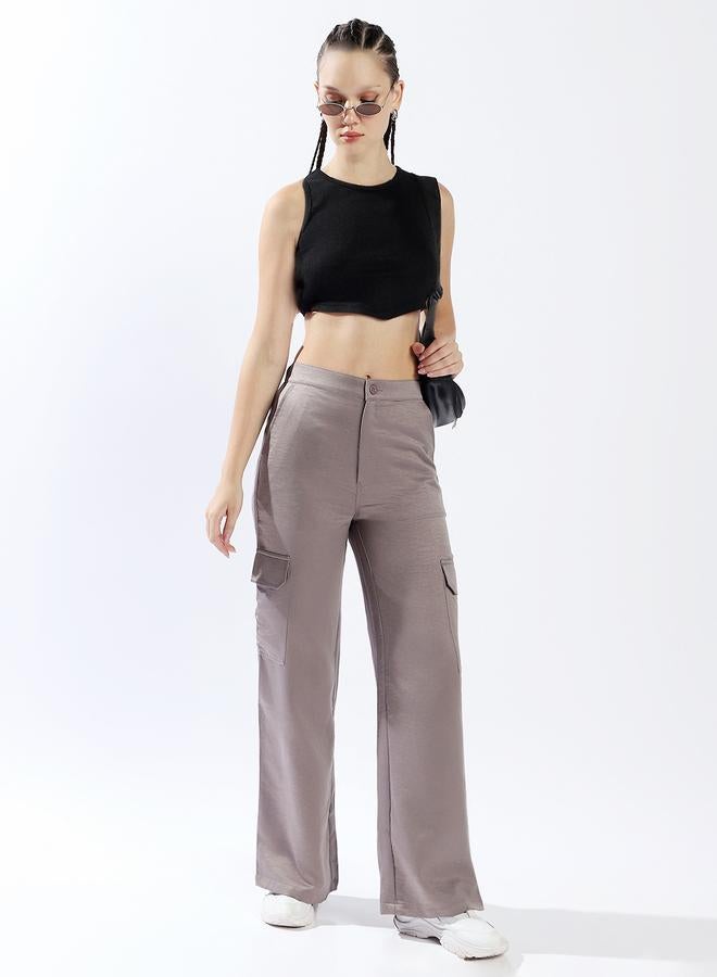 HIGH STAR Women Relaxed Loose Fit High-Rise Cargo Textured Satin Trousers  - Image 1