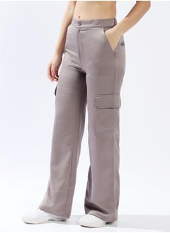 HIGH STAR Women Trousers, Wide Leg, Solid, Mid Grey, in 100% Polyester, Elasticated closure, Woven weave, High-Rise waist, perfect for Casual. Redefine your wardrobe now!  - Image 3