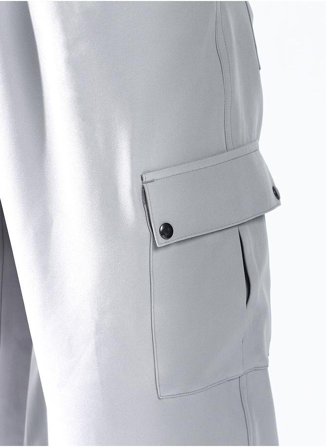 HIGH STAR - Relaxed Fit Light Grey 95% polyester 5% spandex Solid Woven Cargo with Button Closure Full Length - Ideal for Casual - A Must-Have for Your Wardrobe! - Image 1