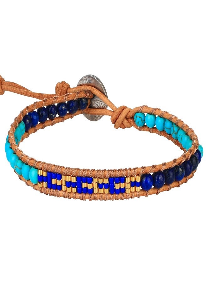KELITCH Turquoise Seed Bead Bracelets Handmade Leather Bracelets Single Wrap Bracelet For Women - Image 1