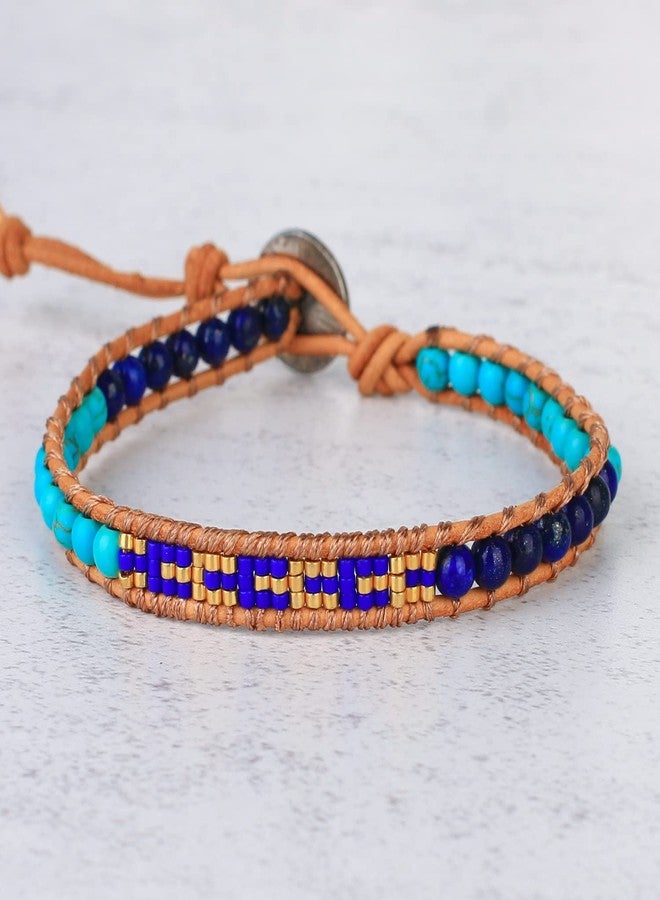 KELITCH Turquoise Seed Bead Bracelets Handmade Leather Bracelets Single Wrap Bracelet For Women - Image 4