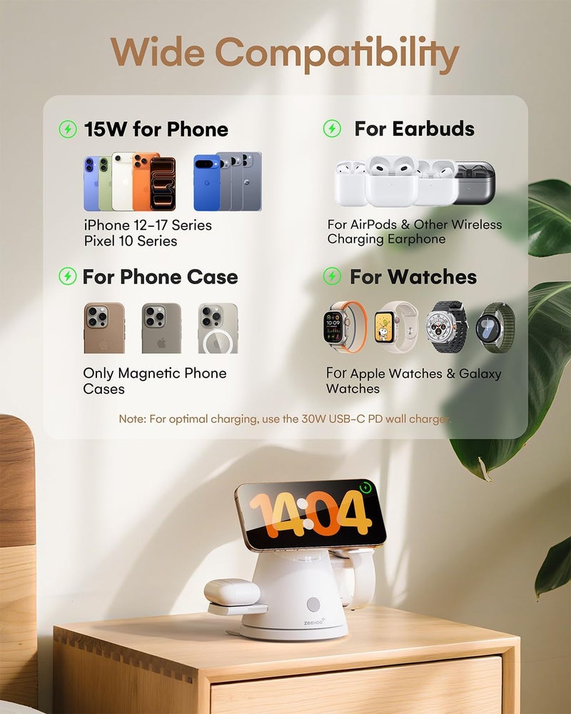 زييهوو محطة شحن 3 في 1 لأجهزة Apple، حامل شحن Qi2 Mag-Safe مع إضاءة، محطة شحن لاسلكي سريعة لـ iPhone 17/16/15/14/13/12 و AirPods و iWatch و Pixel 10 و Samsung Galaxy Watch (محول 30 واط) - Image 4