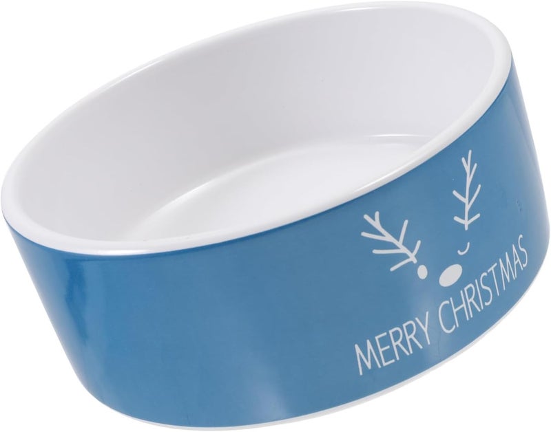 Ceramic Cat Feeding Bowl with Elk Snowman Pattern, Blue Christmas Pet Food and Water Bowl for Cats and Dogs, 1pcs Festive Porcelain Pet Feeder - Image 1