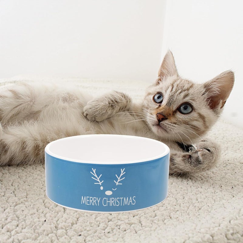 Ceramic Cat Feeding Bowl with Elk Snowman Pattern, Blue Christmas Pet Food and Water Bowl for Cats and Dogs, 1pcs Festive Porcelain Pet Feeder - Image 5