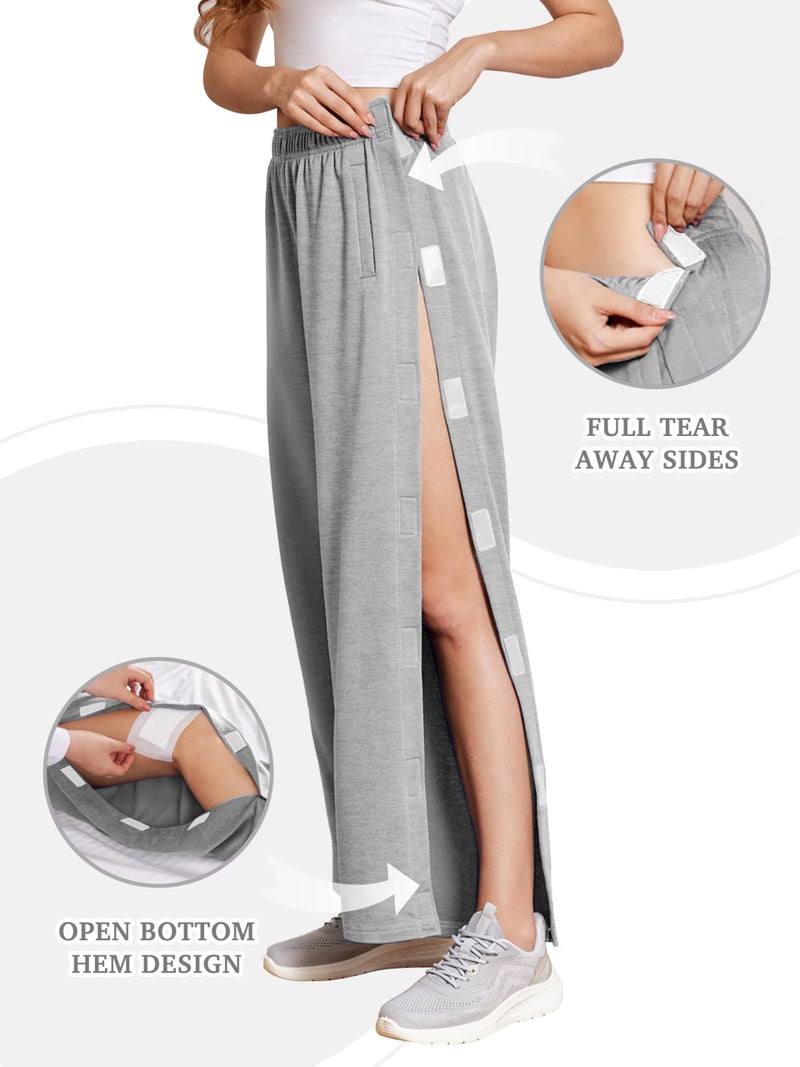 Deyeek Tear Away Pants for Women Open Bottom Wide Leg Post Surgery Sweatpants Loose Fit Soft Catheter Pants with Pockets L Light Grey - Image 4