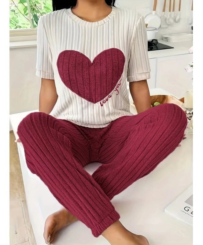 Women's Pajamas Set - Elegant Round Neck Short Sleeve Trousers, Comfortable Home Wear