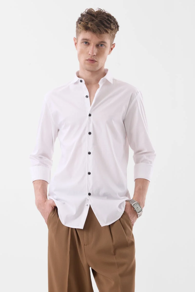SNITCH White Solid Long Sleeve Slim Fit Luxe Shirt