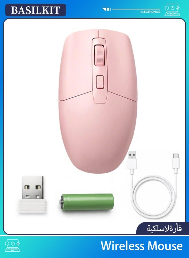 BASILKIT Wireless Mouse, Upgrade 2.4G Ergonomic Mute Optical Mouse, 1600 DPI Max, 3 Adjustable DPI 800/1200/1600, Two Charging Ways Support Rechargeable AA Batteries, Quiet Click, USB Mouse for Laptop PC Chromebook Notebook, 10M Wireless Connection Pink - Image 1