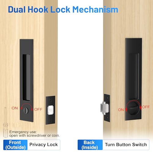 Dontay Pocket Door Handle Modern Rectangular Keyed Entry Function BedBath Pull Latch Recessed Sliding Door Hardware for 1 38 to 2 316 Thickness Privacy Lock Matte Black 2 Pack - Image 3