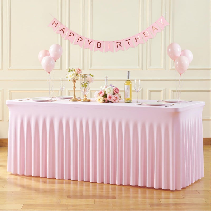 Suppromo 6ft Pink Spandex Tablecloths for Rectangle Tables Wrinkle Free Pink Table Cloth Rectangle Stretch Fitted Table Cover with Skirt for Baby Shower Girl Birthday Party Wedding Banquet Buffet Event - Image 1