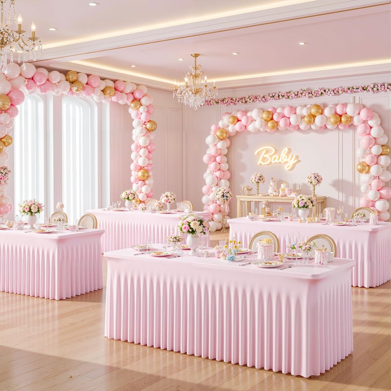 Suppromo 6ft Pink Spandex Tablecloths for Rectangle Tables Wrinkle Free Pink Table Cloth Rectangle Stretch Fitted Table Cover with Skirt for Baby Shower Girl Birthday Party Wedding Banquet Buffet Event - Image 3