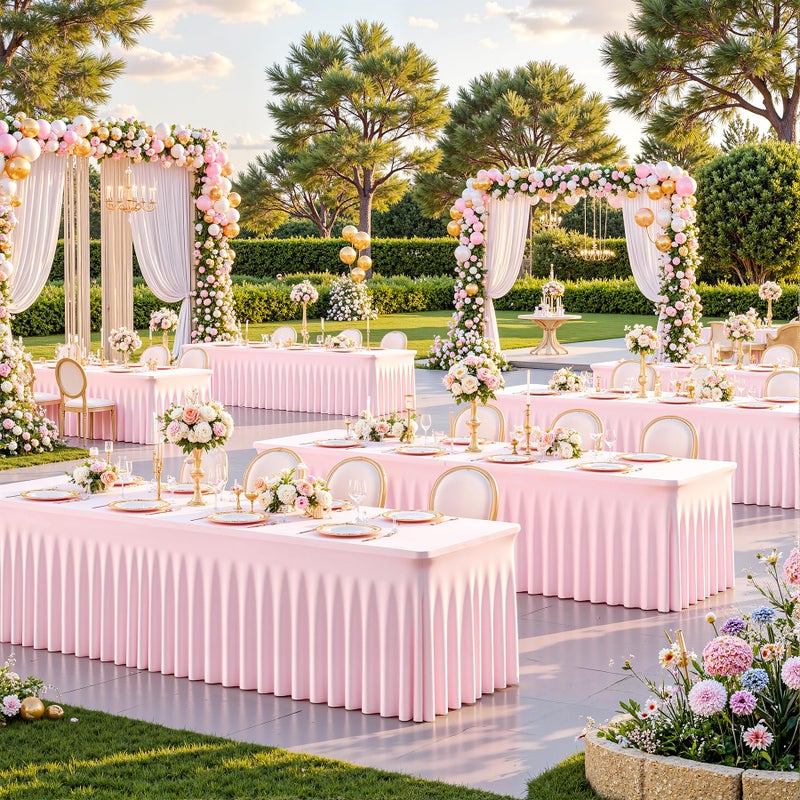 Suppromo 6ft Pink Spandex Tablecloths for Rectangle Tables Wrinkle Free Pink Table Cloth Rectangle Stretch Fitted Table Cover with Skirt for Baby Shower Girl Birthday Party Wedding Banquet Buffet Event - Image 2