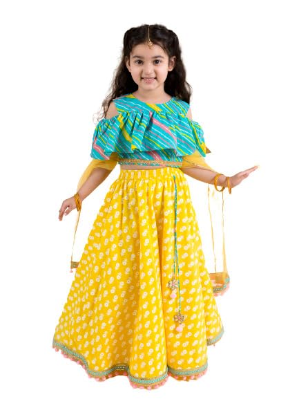 Pspeaches Girls Cotton Lehenga Choli Readymade Yellow Blue Printed Ready To Wear Blouse With Dupatta (Yellow-10-12Y) - Image 5