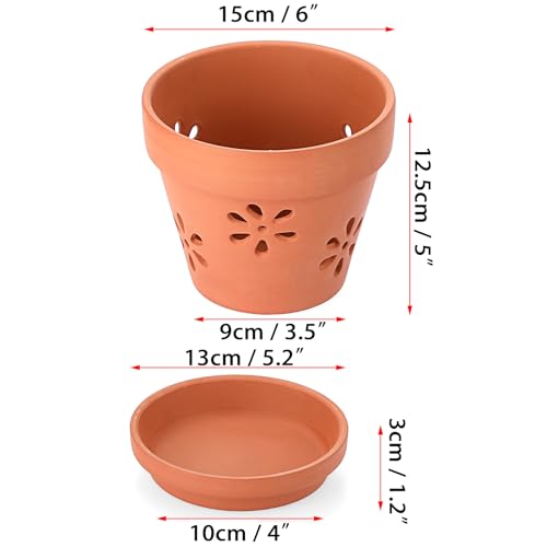 JUXYES Pack of 3 Small Terracotta Orchid Pot with Holes and Saucers, 6 Inches Clay Orchid Planter Pots for Repotting, Plant Flower Pots for Orchid Indoor and Outdoor Promotes Air Circulation - Image 2