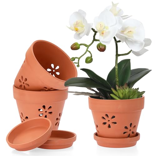 JUXYES Pack of 3 Small Terracotta Orchid Pot with Holes and Saucers, 6 Inches Clay Orchid Planter Pots for Repotting, Plant Flower Pots for Orchid Indoor and Outdoor Promotes Air Circulation - Image 1