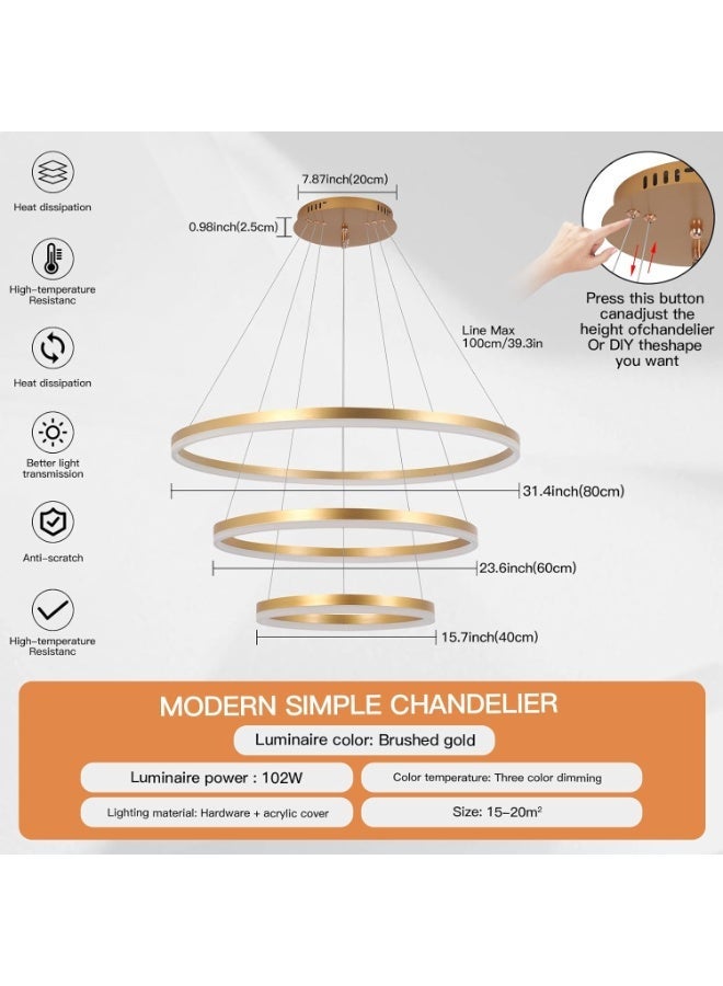 AFN Modern Adjustable Height LED Chandelier with Remote Control Gold Round Dining/Living Room Lighting Fixture - Image 3