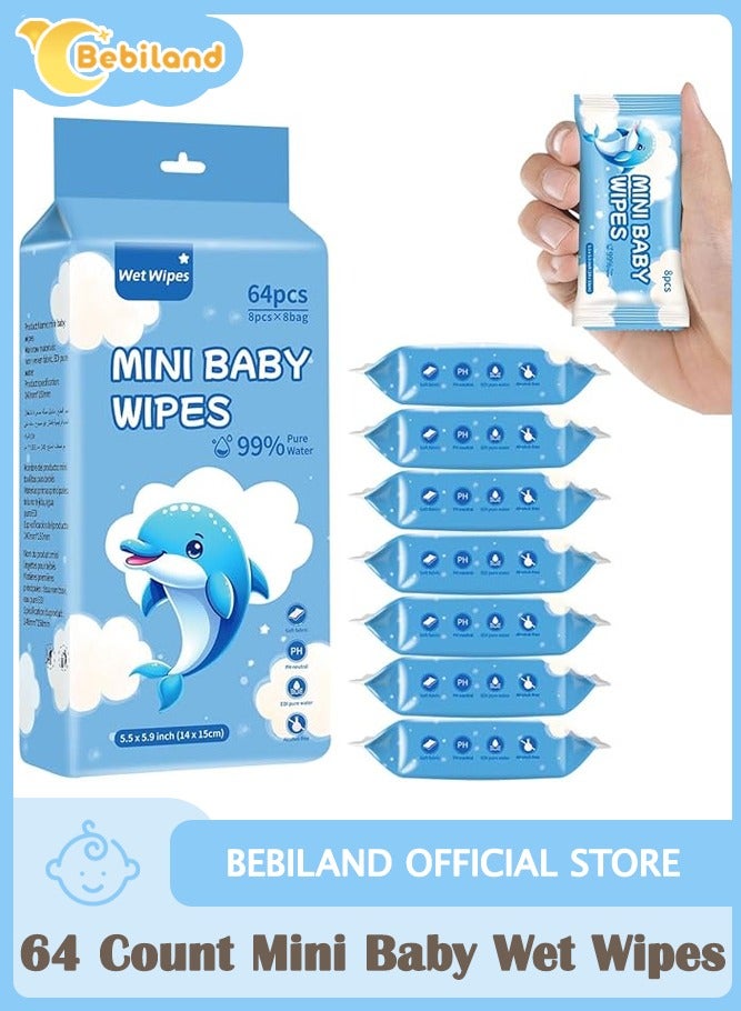 Bebiland 64 Count Mini Baby Wet Wipes,8pcs/pack Individually Wrapped, 99% Pure Water, Hypoallergenic, Eco-Friendly, and Perfect for Newborns and On-the-Go Families - Image 1