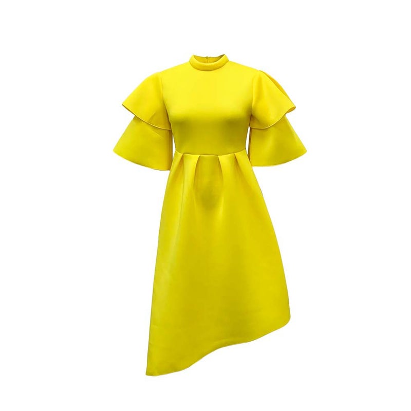 D230 Cross-border Womens 2024 Summer New Double-layer Lotus Leaf Sleeve Solid Color Large Pose European and American dress Foreign Trade Dress Orange - Image 2