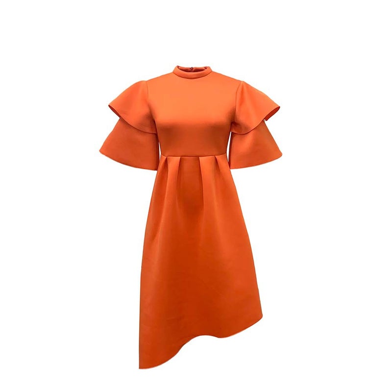 D230 Cross-border Womens 2024 Summer New Double-layer Lotus Leaf Sleeve Solid Color Large Pose European and American dress Foreign Trade Dress Orange - Image 1