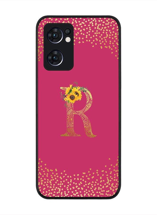 Stylizedd Rugged Black Edge Case for Oppo Reno7 5G , Slim fit Thin Cover -  Custom Monogram Initial Letter Mandala Floral Pattern Alphabet- R (Dark Pink Rose) - Image 1