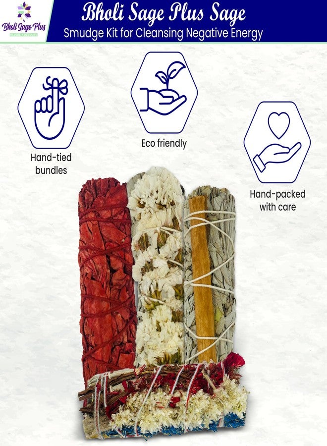 Bholi Sage Plus Sage Smudge Kit for Cleansing Negative Energy and Cleansing Home Sinuata, Dragon Blood, Cinnamon and Triple Flower Dried - 4'' Long Pack of 4 White California Sage Sticks - Image 2