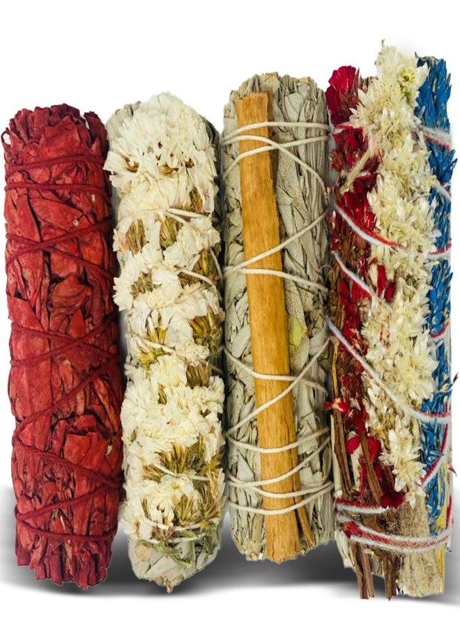Bholi Sage Plus Sage Smudge Kit for Cleansing Negative Energy and Cleansing Home Sinuata, Dragon Blood, Cinnamon and Triple Flower Dried - 4'' Long Pack of 4 White California Sage Sticks - Image 1