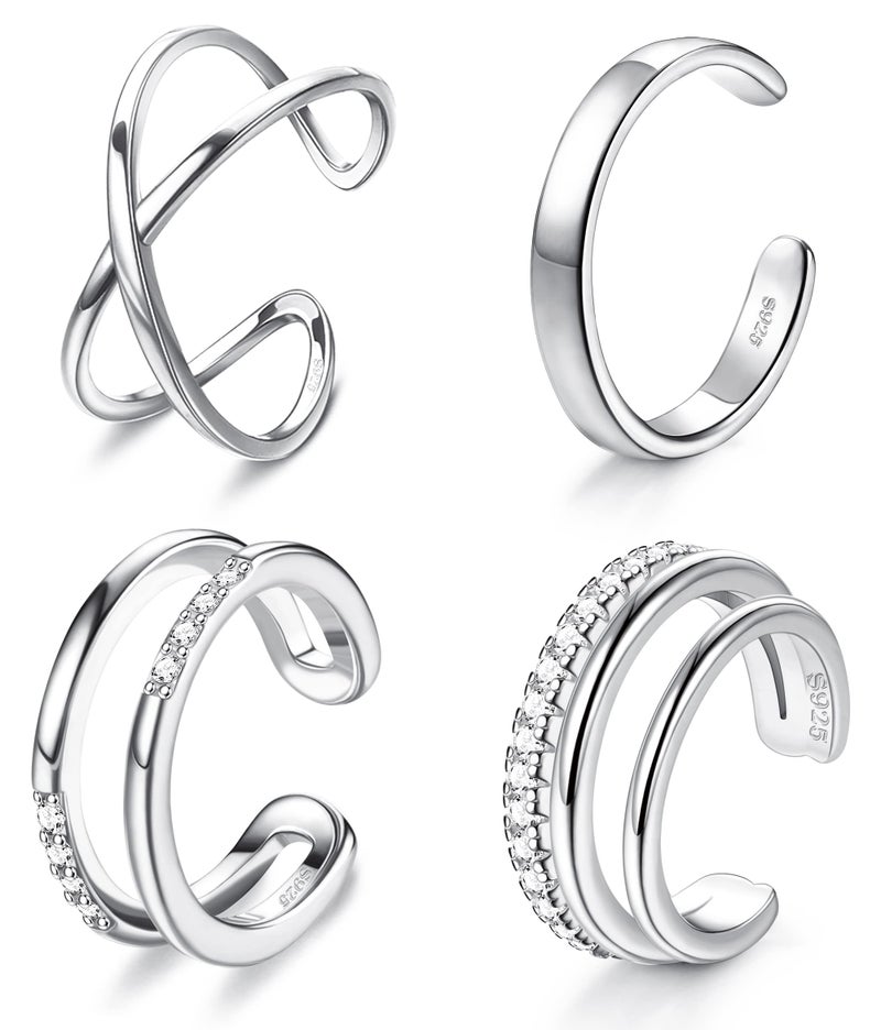 JeryWe 4 Pcs 925 Sterling Silver Ear Cuff for Women Non Piercing Adjustable Ear Cuff Earrings Clip On Cartilage Helix Wrap Ear Jewelry Set Sliver - Image 1