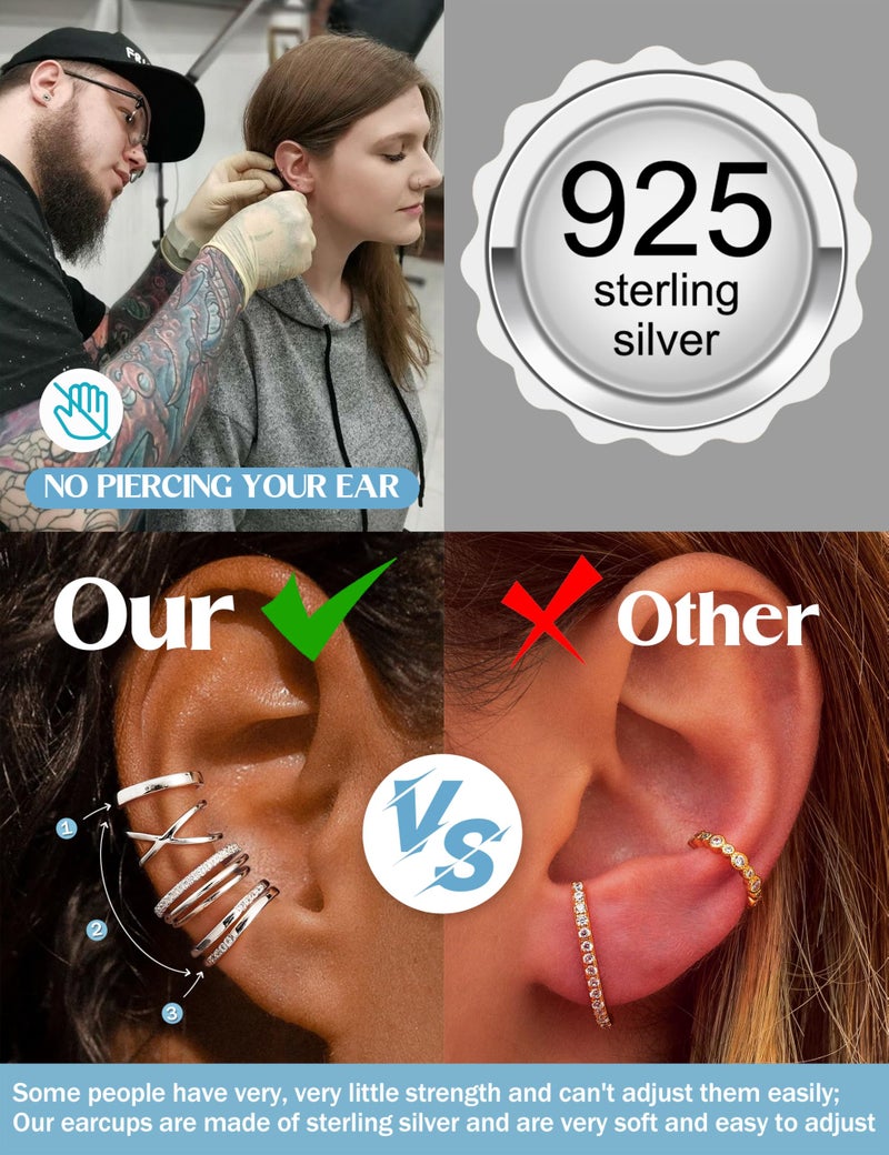 JeryWe 4 Pcs 925 Sterling Silver Ear Cuff for Women Non Piercing Adjustable Ear Cuff Earrings Clip On Cartilage Helix Wrap Ear Jewelry Set Sliver - Image 5