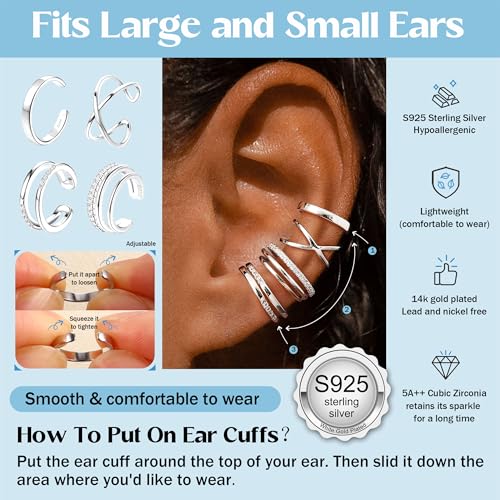 JeryWe 4 Pcs 925 Sterling Silver Ear Cuff for Women Non Piercing Adjustable Ear Cuff Earrings Clip On Cartilage Helix Wrap Ear Jewelry Set Sliver - Image 2