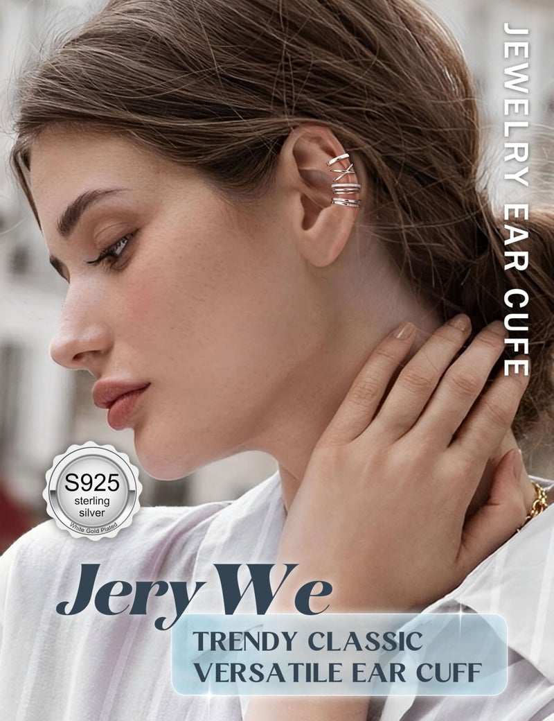 JeryWe 4 Pcs 925 Sterling Silver Ear Cuff for Women Non Piercing Adjustable Ear Cuff Earrings Clip On Cartilage Helix Wrap Ear Jewelry Set Sliver - Image 4
