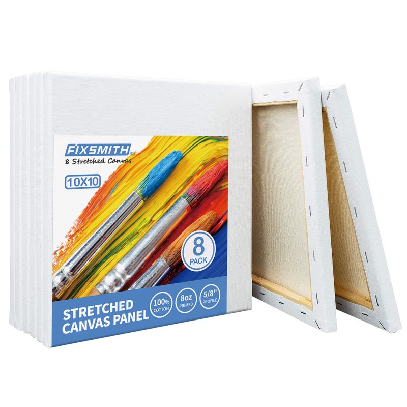 FIXSMITH Stretched White Blank Canvas  10 x10 Inch Bulk Pack of 8 Primed 100 Cotton 58 Inch Profile of Super Value Pack for AcrylicsOils  Other Painting Media