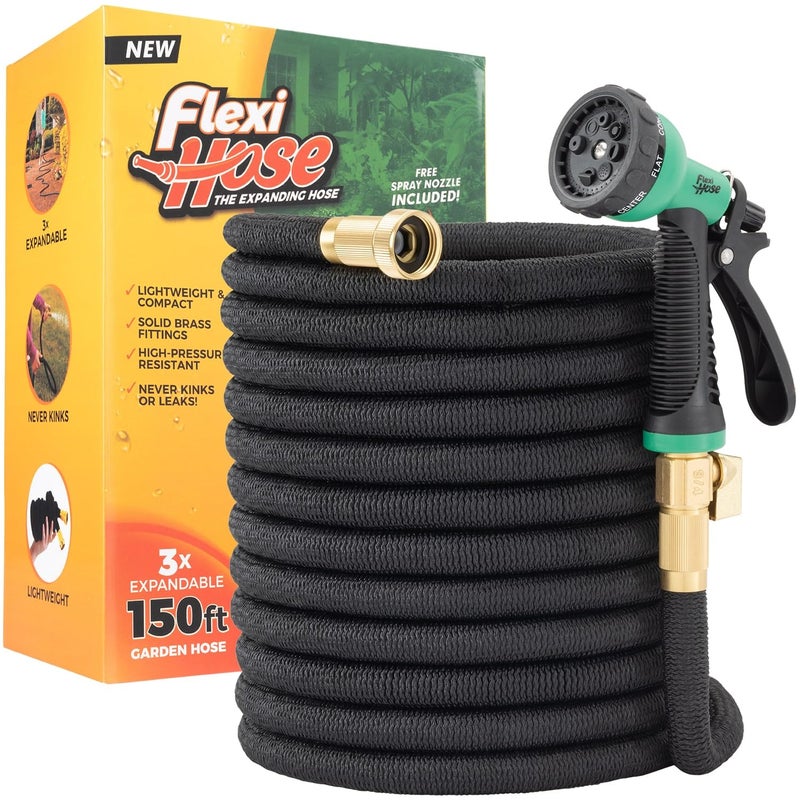 Flexi Hose Expandable Garden Hose with 8 Function Nozzle, 150FT - Lightweight Retractable Garden Hose, Water Hose - No-Kink Flexibility, 3/4 Inch Solid Brass Fittings and Double Latex Core - Image 1