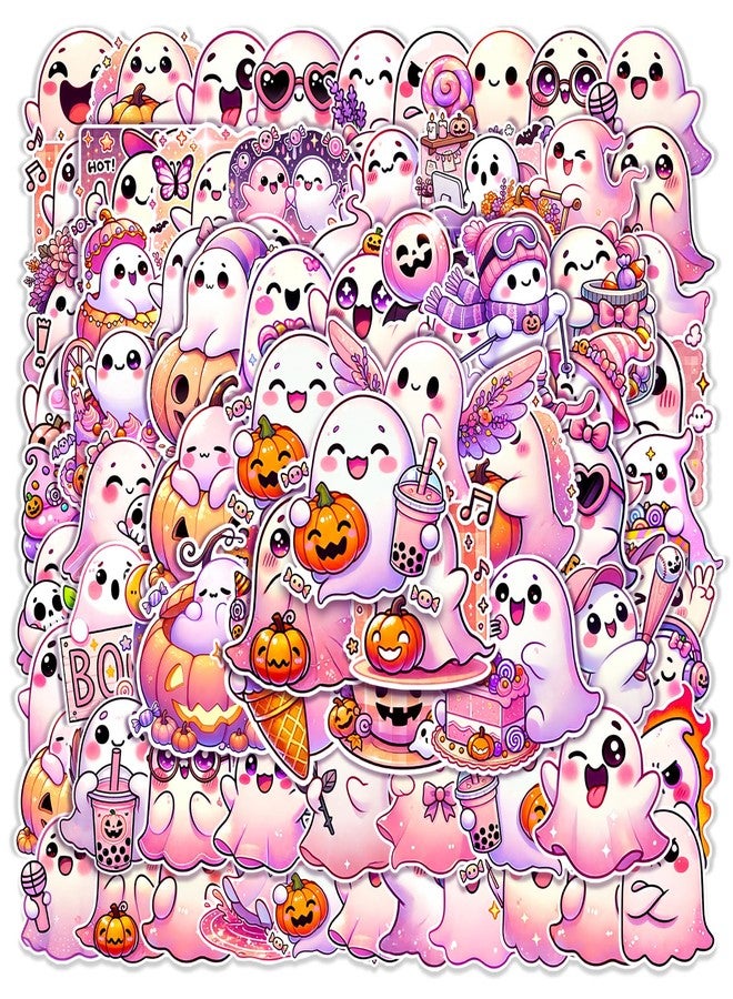Auconda 100 PCS Pink Halloween Ghost Theme Vinyl Stickers, Cute Ghost Decorative Stickers for Parties, Suitable for Children, Teens, and Adults, Ideal for Water Bottles, Laptops, and Cups - Image 1