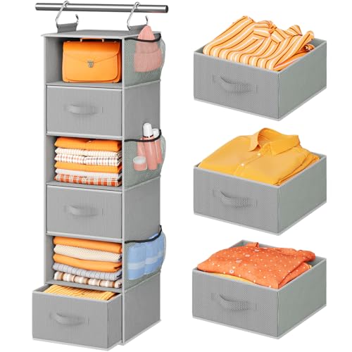 Pipishell Hanging Closet Organizer 6Shelf Hanging Shelves for Closet with 3 Removable Drawers  Side Pockets for Bedroom or Garment Rack 12 x 12 x 433 Dark Gray