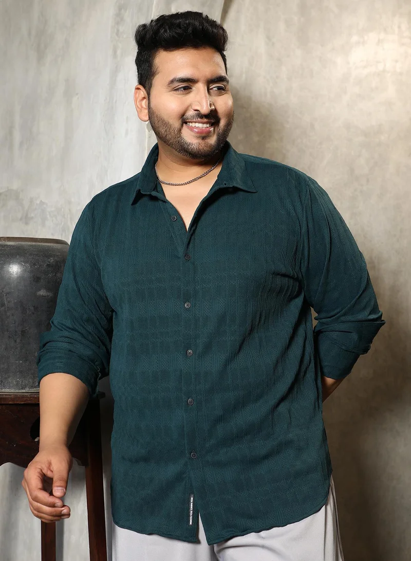 Instafab Plus Instafab Plus Men's Phlato Green Braided-Knot Tactile Shirt For Casual Wear | Spread Collar | Long Cuffed Sleeves | Button Closure | Plus Size Shirt Crafted With Comfort Fit For Everyday Wear