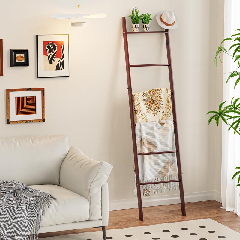 BAMBANG 6-Tier Blanket Ladder for Living Room, Blanket Quilt Ladder Rack Rustic Decorative Towel Holder, Wall Leaning Blanket Ladder Shelf Storage Farmhouse Decor for Bedroom Bathroom, Brown - Image 4