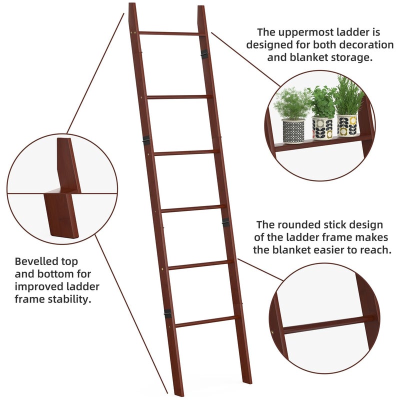 BAMBANG 6-Tier Blanket Ladder for Living Room, Blanket Quilt Ladder Rack Rustic Decorative Towel Holder, Wall Leaning Blanket Ladder Shelf Storage Farmhouse Decor for Bedroom Bathroom, Brown - Image 2