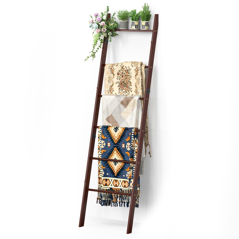 BAMBANG 6-Tier Blanket Ladder for Living Room, Blanket Quilt Ladder Rack Rustic Decorative Towel Holder, Wall Leaning Blanket Ladder Shelf Storage Farmhouse Decor for Bedroom Bathroom, Brown - Image 1