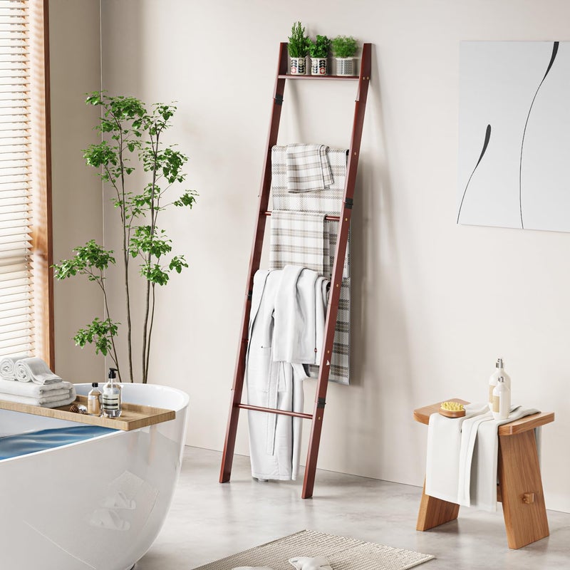 BAMBANG 6-Tier Blanket Ladder for Living Room, Blanket Quilt Ladder Rack Rustic Decorative Towel Holder, Wall Leaning Blanket Ladder Shelf Storage Farmhouse Decor for Bedroom Bathroom, Brown - Image 5